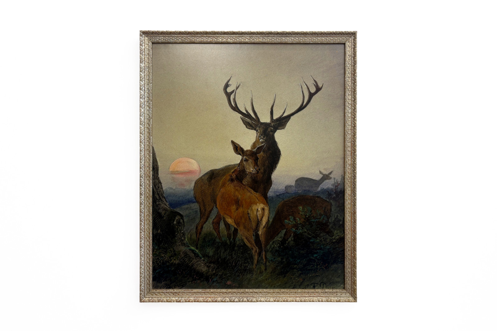 Um veado com um veado numa paisagem arborizada ao pôr-do-sol - Carl Friedrich Deiker