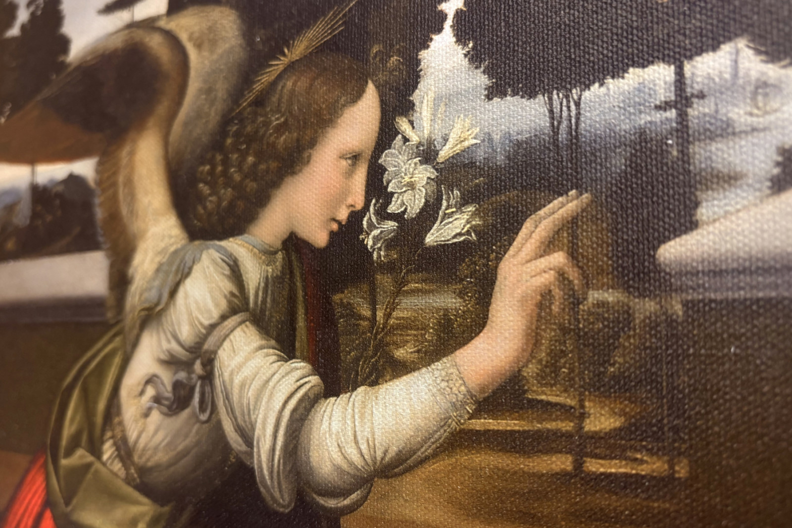 Itália Toscana Florença, Galeria Uffizi: A Anunciação, Pintura de Leonardo da Vinci (1452-1519), Óleo sobre madeira, ca. 1472-1475, 98x217 cm - Leonardo da Vinci