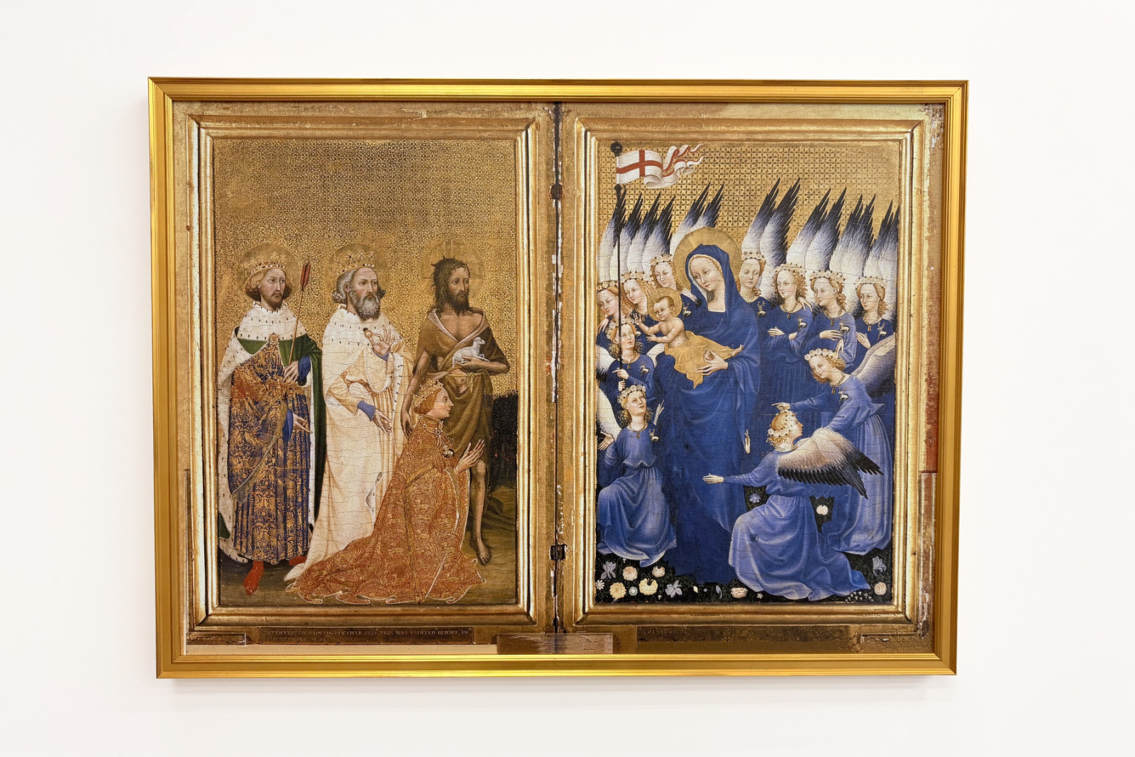 Ricardo II apresentado à Virgem e à Criança por seu padroeiro São João Batista e pelos Santos Eduardo e Edmundo, c.1395-99 (têmpera de ovo em carvalho) - Master of the Wilton Diptych