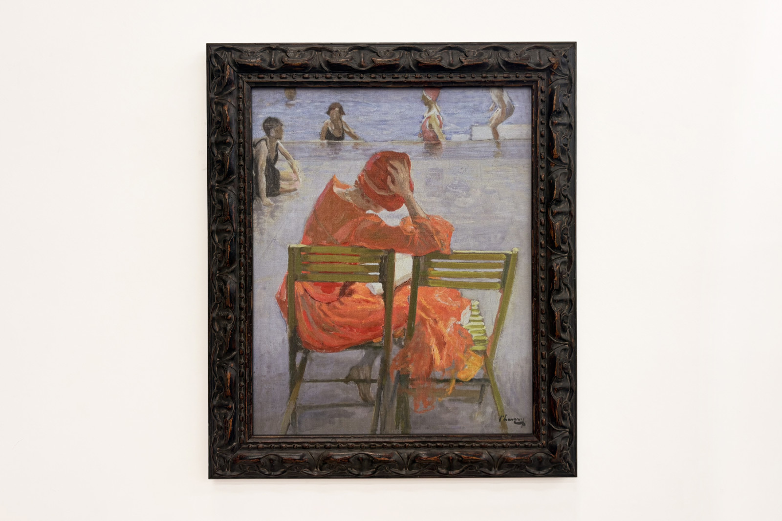 Menina de vestido vermelho lendo à beira da piscina - John Lavery