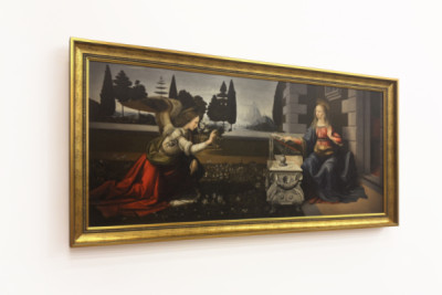 Itália Toscana Florença, Galeria Uffizi: A Anunciação, Pintura de Leonardo da Vinci (1452-1519), Óleo sobre madeira, ca. 1472-1475, 98x217 cm