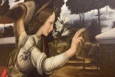 Itália Toscana Florença, Galeria Uffizi: A Anunciação, Pintura de Leonardo da Vinci (1452-1519), Óleo sobre madeira, ca. 1472-1475, 98x217 cm