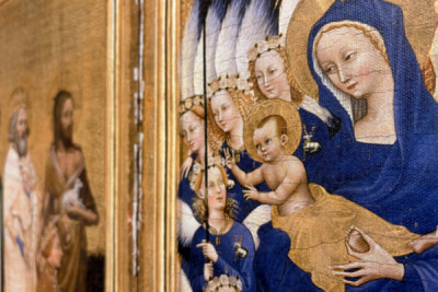 Ricardo II apresentado à Virgem e à Criança por seu padroeiro São João Batista e pelos Santos Eduardo e Edmundo, c.1395-99 (têmpera de ovo em carvalho)