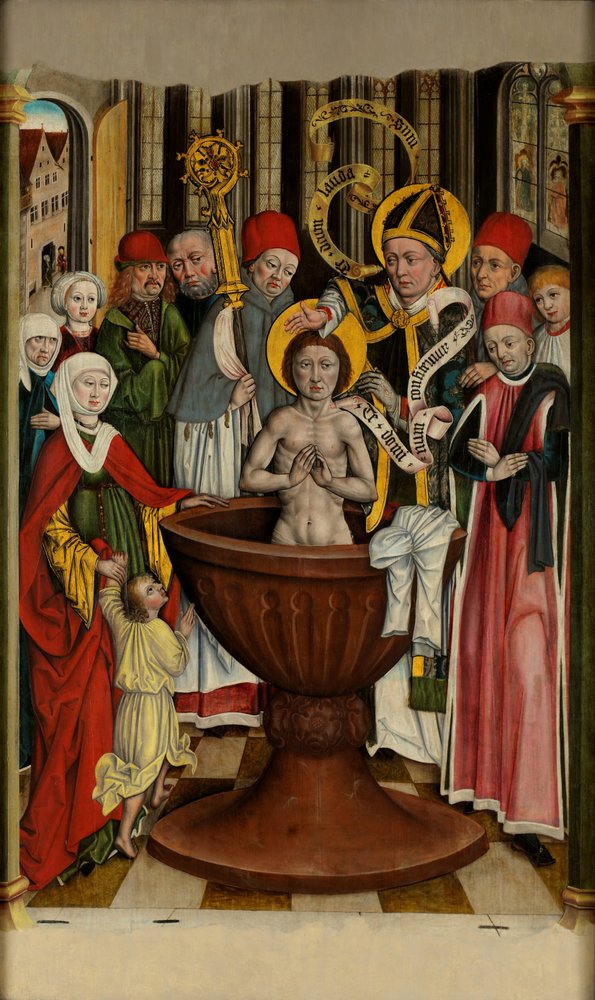Batismo de st. Agostinho - pintura gótica tardia na Galeria da Morávia de Anonymous