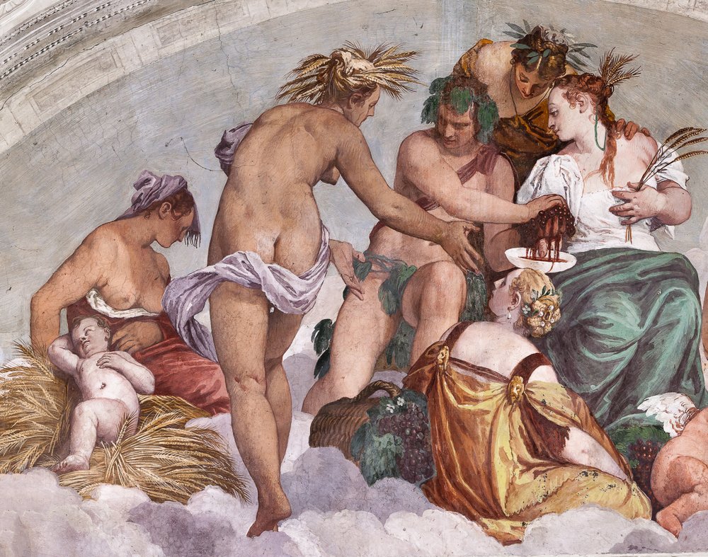 Alegorias de Verão e Outono (Baco e Ceres), Muro do Norte, Lunette acima da Porta para o Jardim, Salão do Olimpo de Veronese