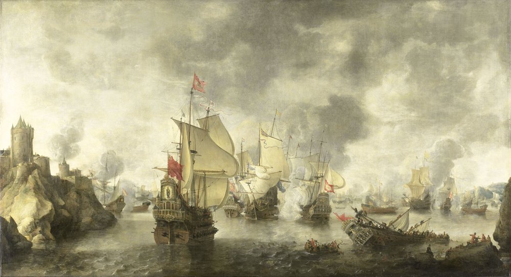 Batalha das frotas combinadas veneziana e holandesa contra os turcos na baía de Foya de Abraham Beerstraten