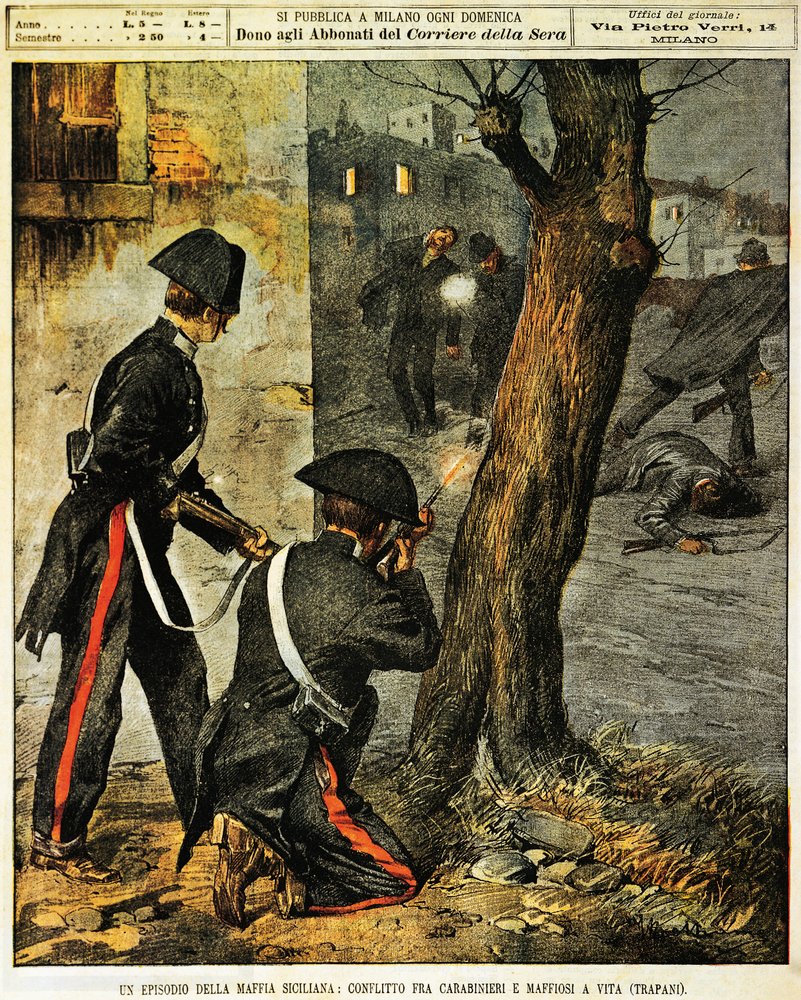 Evento mafioso siciliano, Luta entre carabinieri e mafiosos em Trapani, de Achille Beltrame, ilustração, Ilustrador Achille Beltrame (1871-1945), de La Domenica del Corriere, 31 de dezembro de 1899 de Achille Beltrame