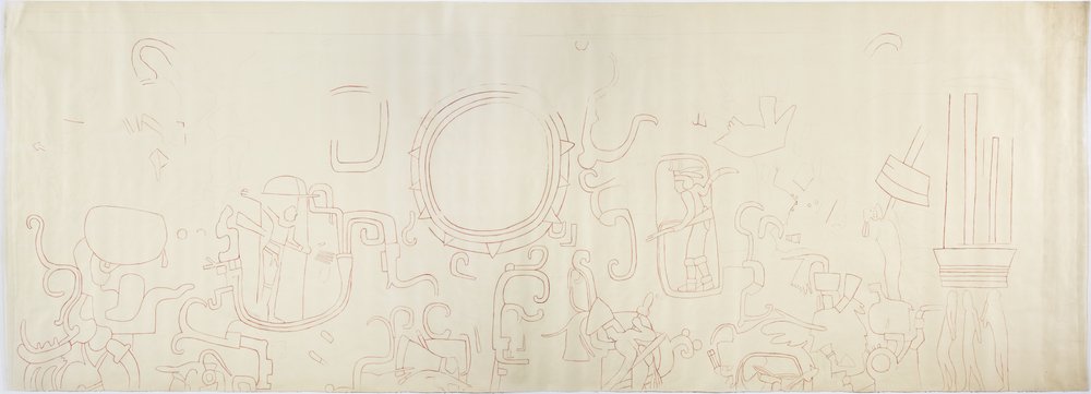 Pintura da parede norte, Templo Superior dos Jaguares, Chichen Itza, secção norte do México (tinta vermelha e grafite) de Adela Breton