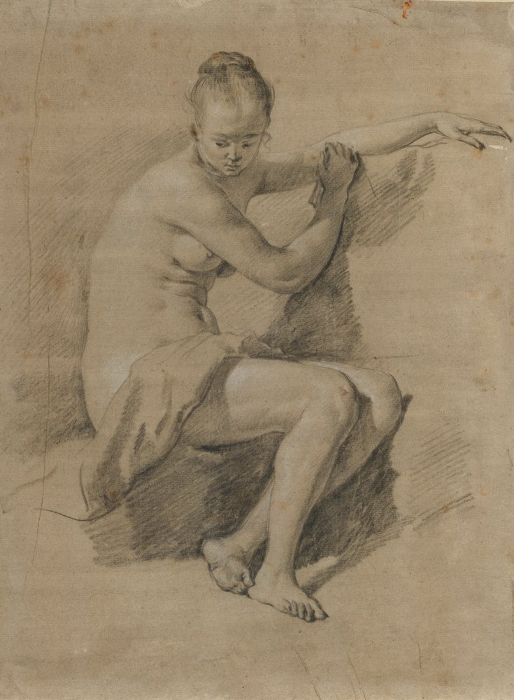 Nua fêmea sentada, c.1660-70 (desenho a giz preto e branco) de Adriaen van de Velde