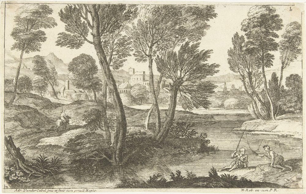 Paisagem com dois pescadores Os dois pescadores Paisagens, terceira série (título da série) de Adriaen van der Kabel