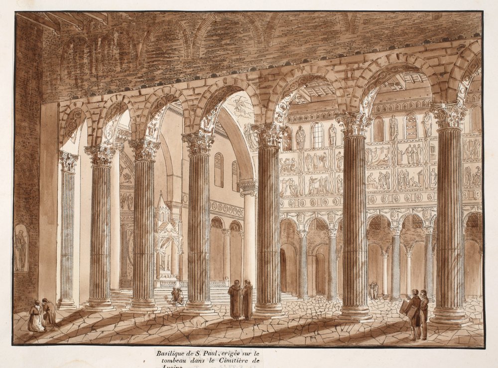 A Basílica de São Paulo, construída sobre o túmulo no cemitério de Lucina, 1833 (gravura com lavagem marrom) de Agostino Tofanelli