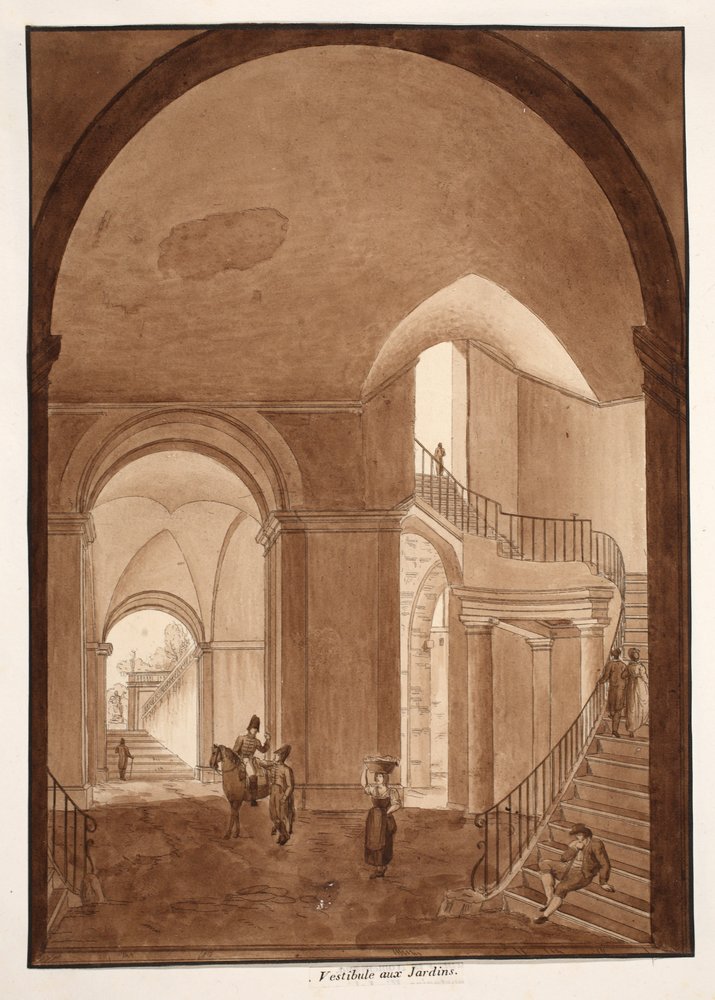O Vestíbulo de Jardins do Palazzo Caetani all&39;Orso, 1833 (gravura com lavagem marrom) de Agostino Tofanelli