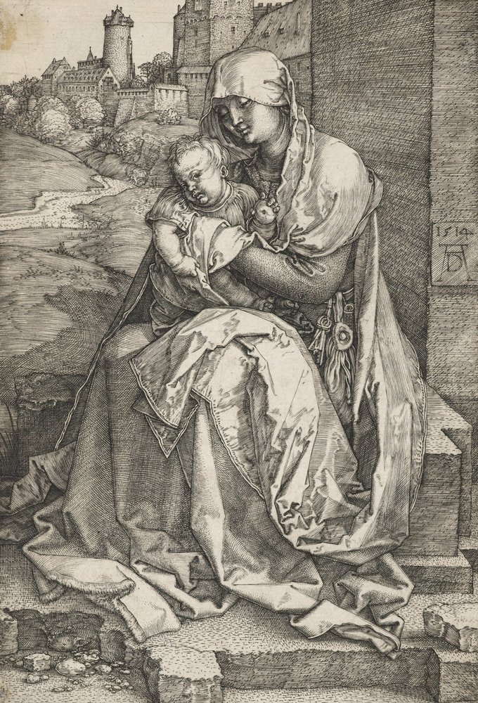 A virgem sentado por uma parede de Albrecht Dürer