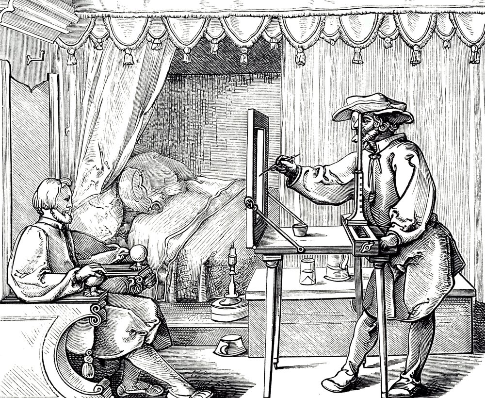 Uma gravura de xilogravura representando um artista usando um auxílio de desenho para obter as proporções de um retrato correto. Gravura de Albrecht Dürer (1471-1528), pintor, gravador e teórico da Renascença alemão. de Albrecht (after) Durer or Duerer