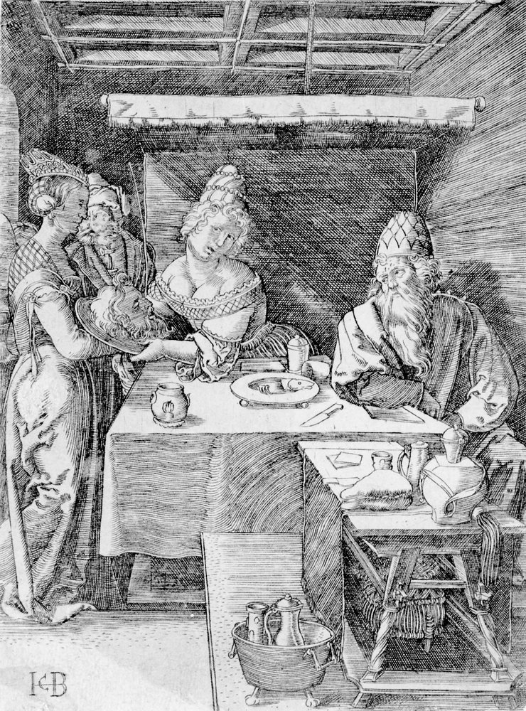 Salomé apresentando a cabeça do Batista a Herodíades, gravura de Jacob Binck (gravura) de Albrecht (after) Durer or Duerer