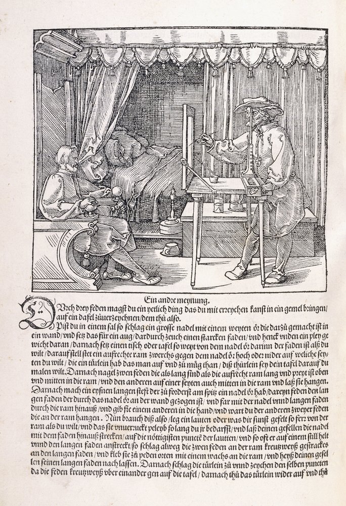 Um desenhista desenhando um retrato, usando uma moldura de desenho, 1525 de Albrecht Dürer