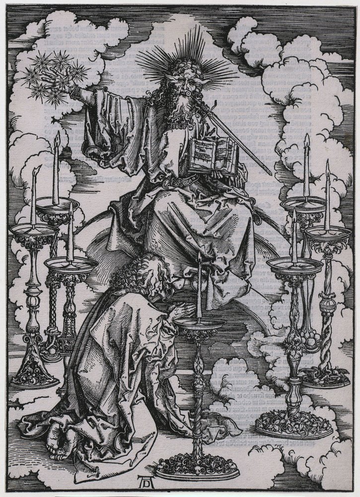 João avista os sete candelabros, Figura I, folha 3 da série «O Apocalipse» de Albrecht Dürer