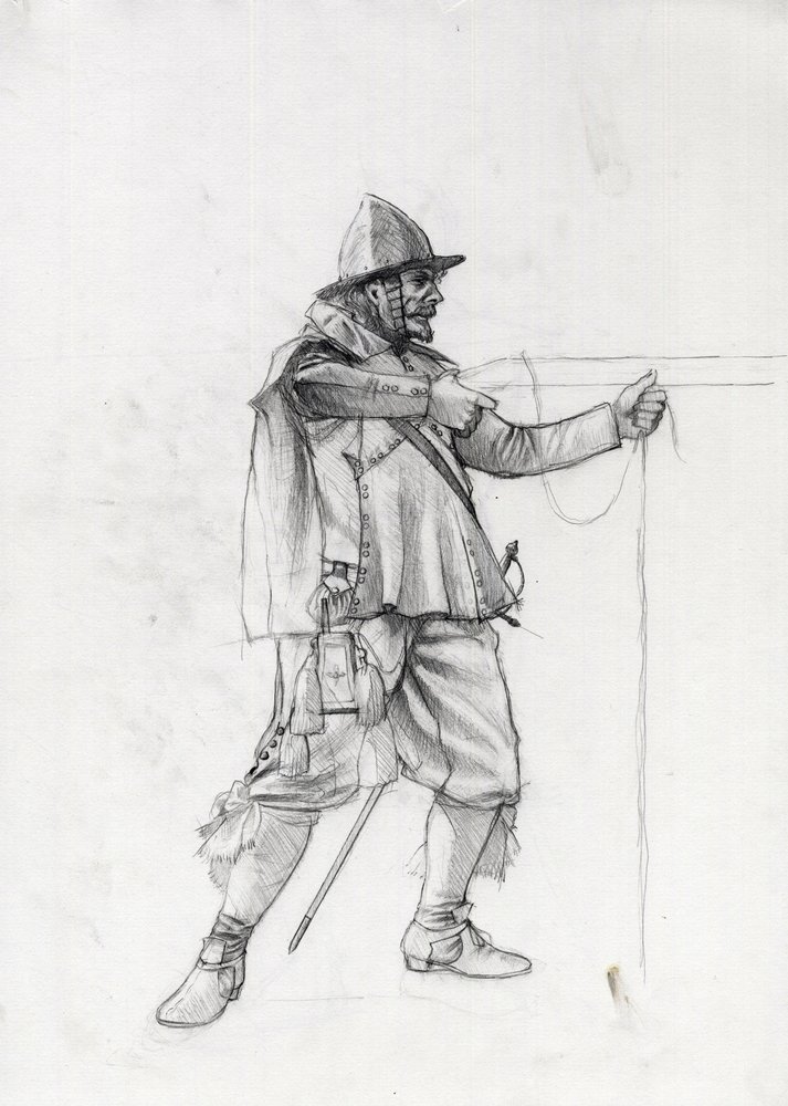 Retrato de um soldado de navio do século XVII a colocar-se numa posição de tiro. Desenho de Alessandro Lonati. de Alessandro Lonati