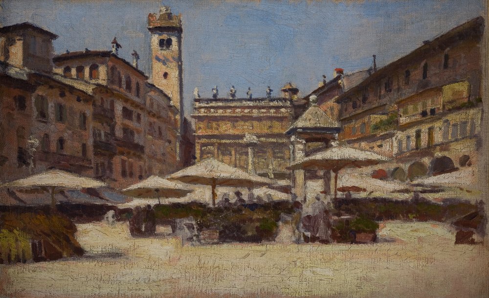 Piazza delle Erbe em Verona, c.1900 (óleo sobre tela) de Alexander Gierymski
