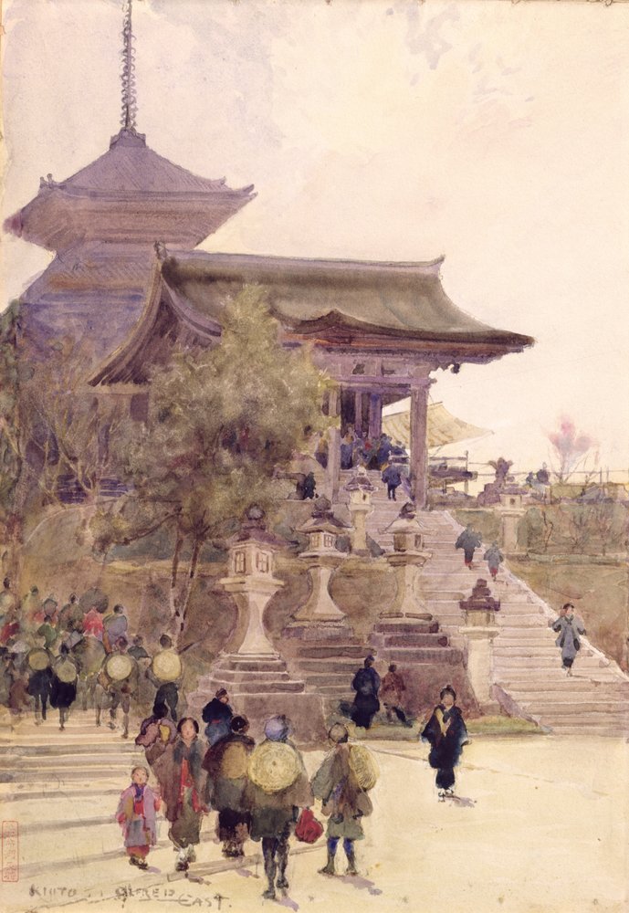 A, entrada, para, a, templo, de, Kiyomizu-Dera, kyoto, com, peregrinos, ascendendo de Alfred East