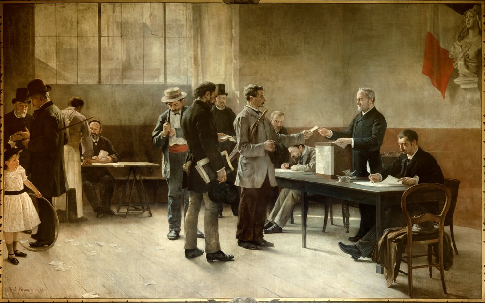 Sufrágio universal. Uma assembleia de voto em 1891. Pintura de Alfred Bramtot (1852-1894), 1891, Les Lilas, câmara municipal de Alfred-Henri Bramtot