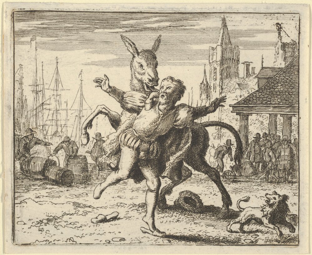 O burro, invejoso da atenção que o cão recebe de seu dono, procura imitar..., 1650-75. de Allart van Everdingen