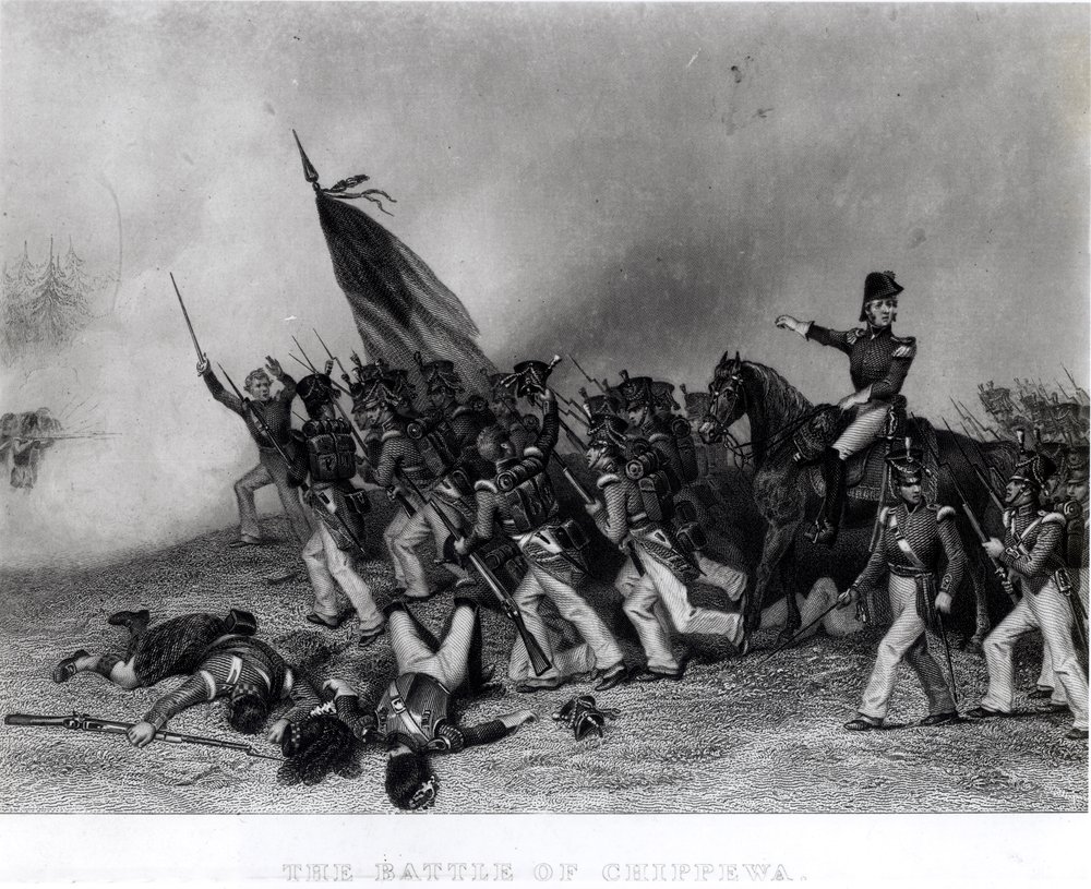 A Batalha de Chippewa, General Scott Ordenando a Carga do Batalhão de McNeil, 5 de julho de 1814, gravado por Johnson, Fry und Co. (gravura) (foto bundw) de Alonzo Chappel
