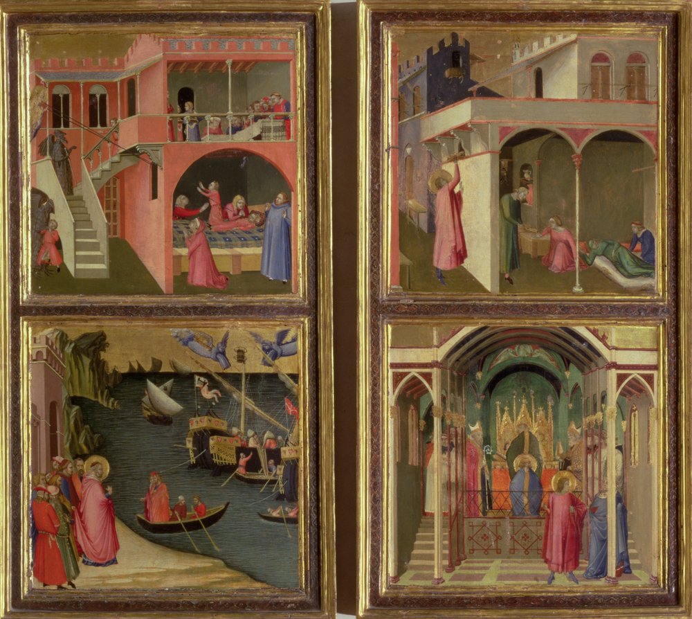 Quatro cenas da vida de São Nicolau: São Nicolau dá a três garotas seu dote; São Nicolau eleito bispo de Mira; Ressuscitando um menino estrangulado pelo diabo; Libertando Mira da fome de Ambrogio Lorenzetti