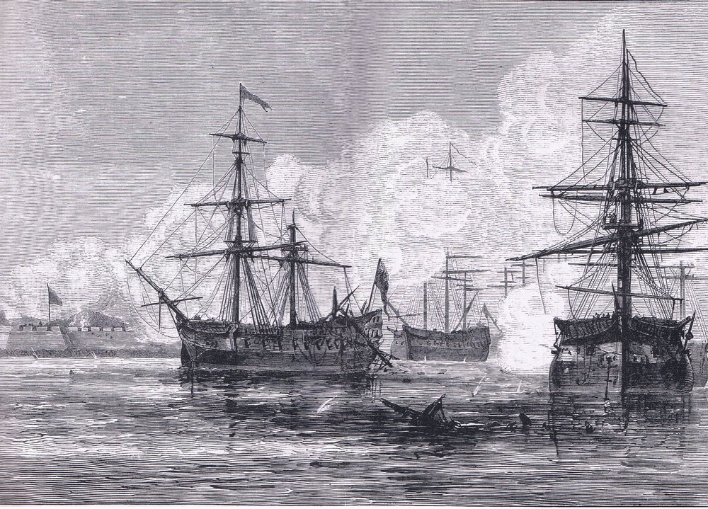 O ataque à Ilha de Sullivan, ilustração de Cassell History of the United States publicada por Cassell, Petter & Galpin, c.1900 (litho) de American English school