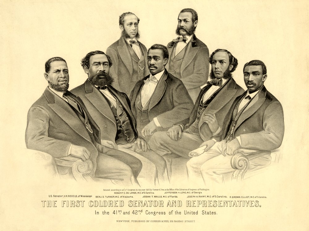 O Primeiro Senador e Representantes Coloridos - no 41º e 42º Congresso dos Estados Unidos, pub.1872 (litho) de American School