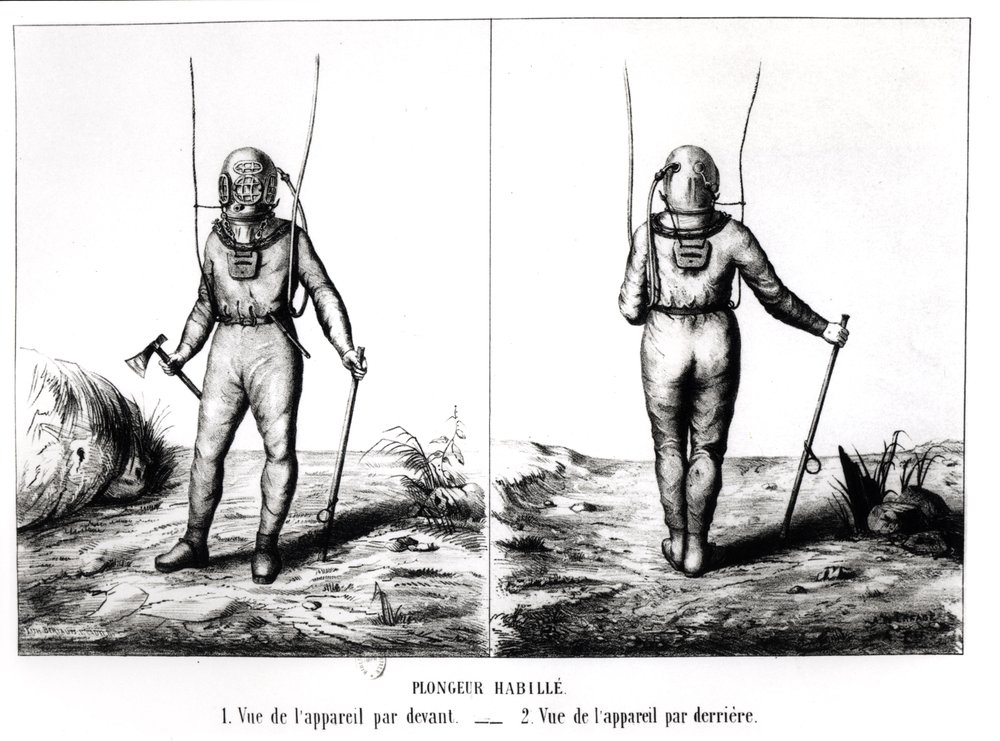 Deep Sea Diver, ilustração de Scuba, Cabirol Plunger Apparatus, por Joseph-Martin Cabirol, publicado Paris 1855 (foto de bw) de Amicar de Lafage