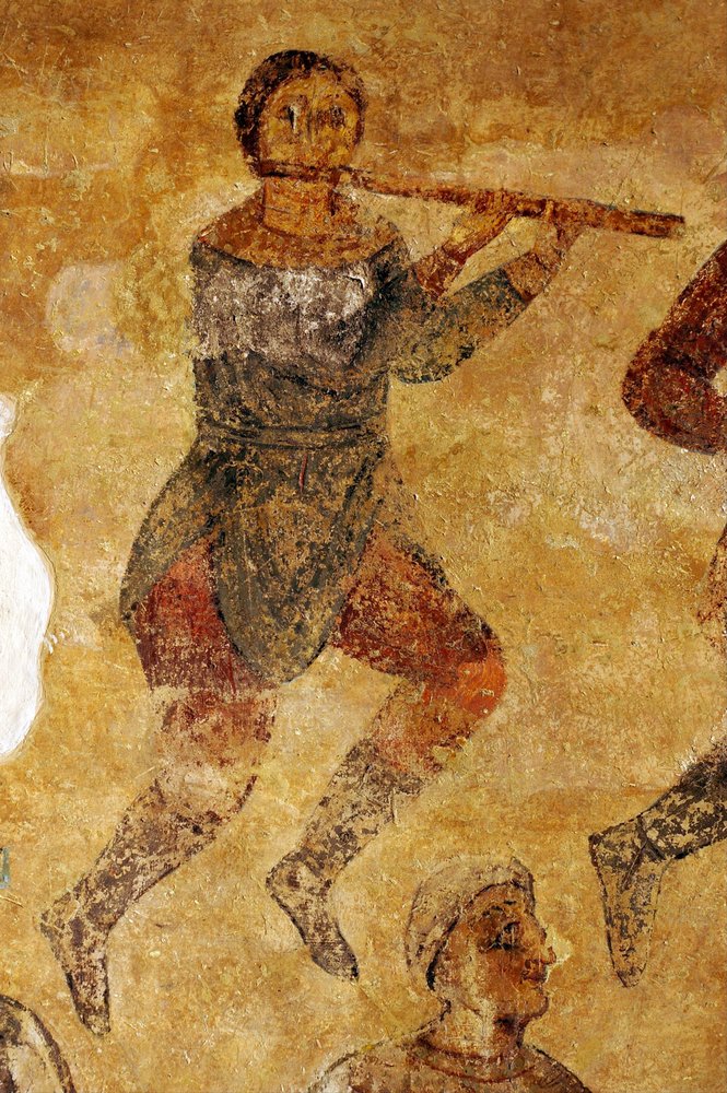 Detalhe de músicos e acrobatas de Ancient Russian frescos
