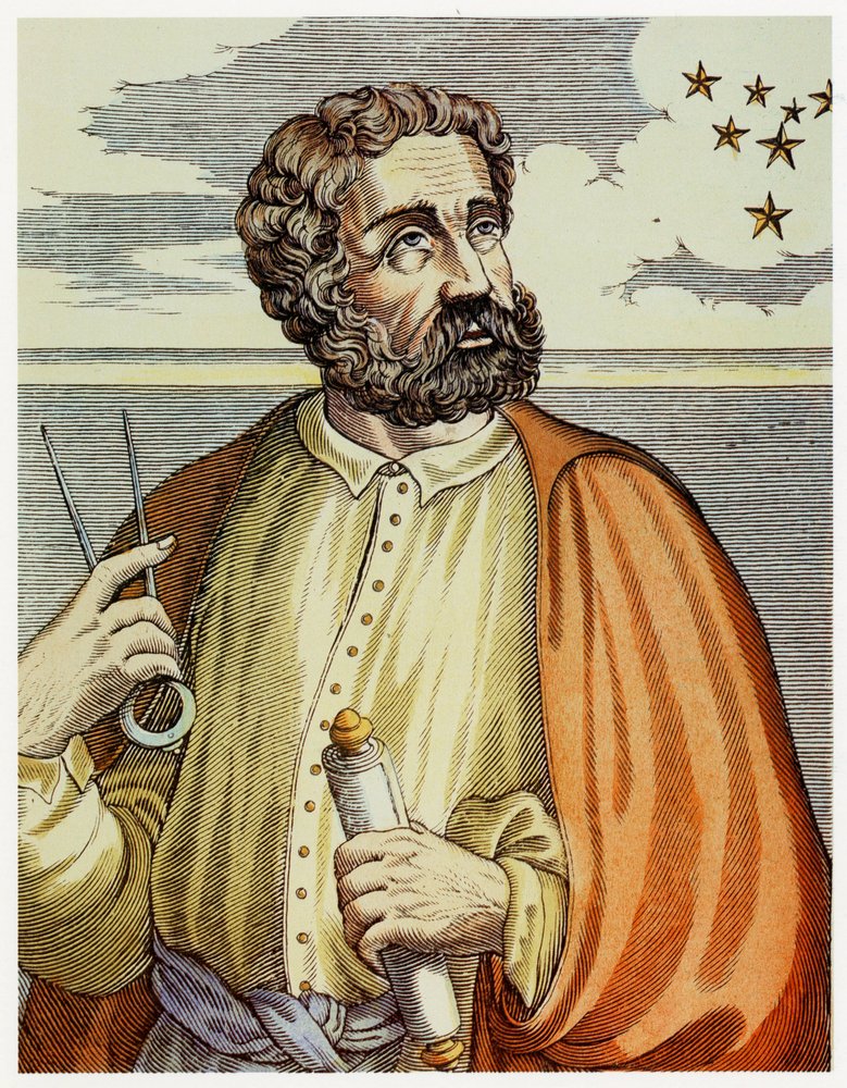 Retrato de Fernão de Magalhães (1480 - 1521) com instrumentos de navegação de Andre Thevet