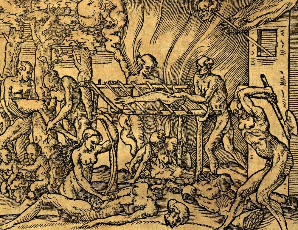 Tribo canibal Tupinamba no Brasil, gravura de Les singularitez de la France antártica, por Andre