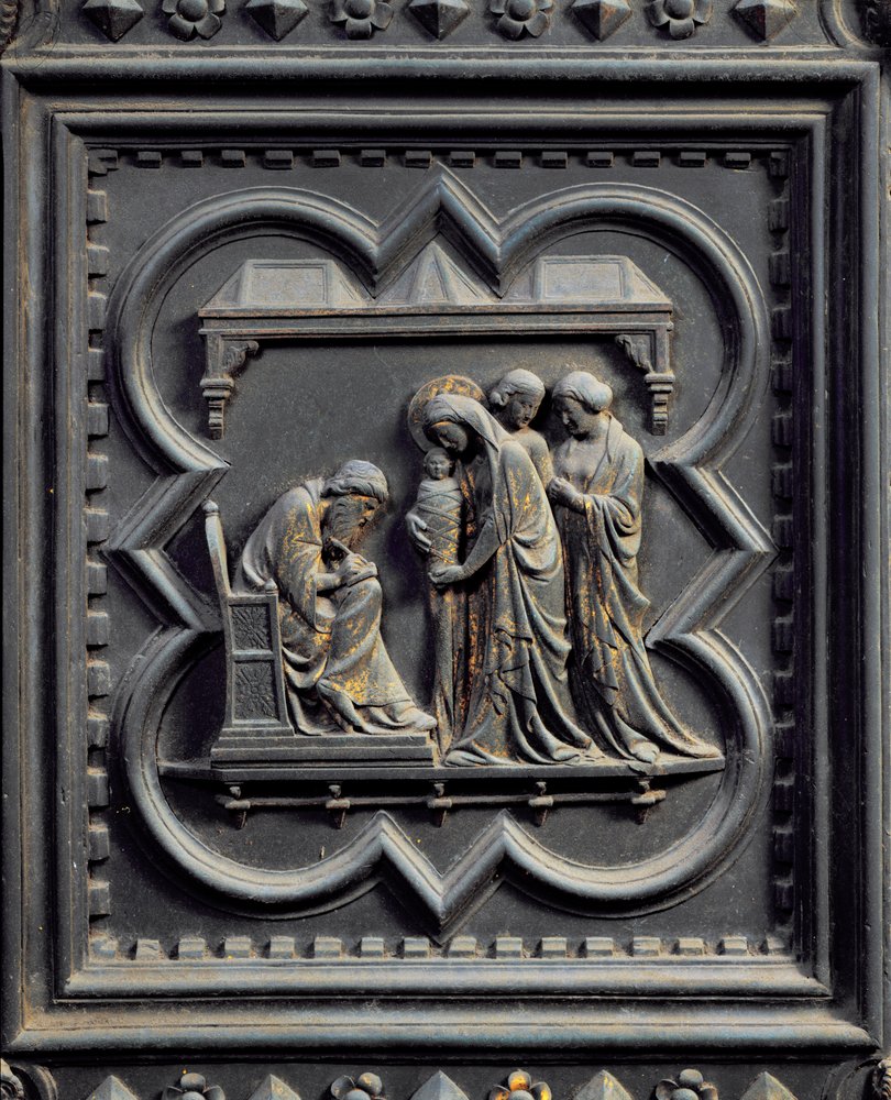 Zacarias Escreve o nome do menino, quinto painel das Portas do Sul do Batistério de San Giovanni, 1336 (bronze) de Andrea Pisano
