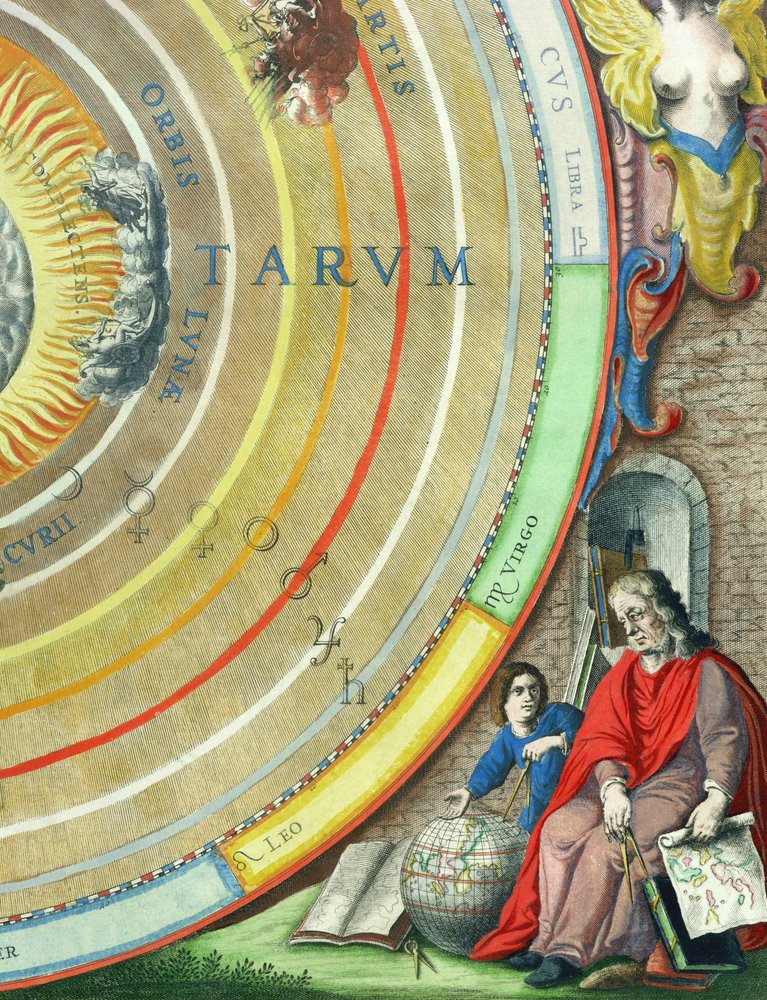 Um astrônomo, detalhe de um mapa dos planetas, do atlas de &39;um atlas celestial, ou da harmonia do universo&39; (Atlas coelestis seu harmonia macrocosmica). por Joannes Janssonius, Amsterdam, 1660-61 (ha de Andreas Cellarius