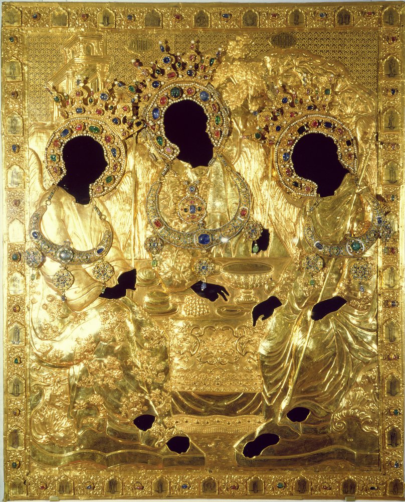 Oklad, ou capa do Trinity Icon (ouro e prata com pedras preciosas e pérolas) (detalhe) de Andrei Rublev