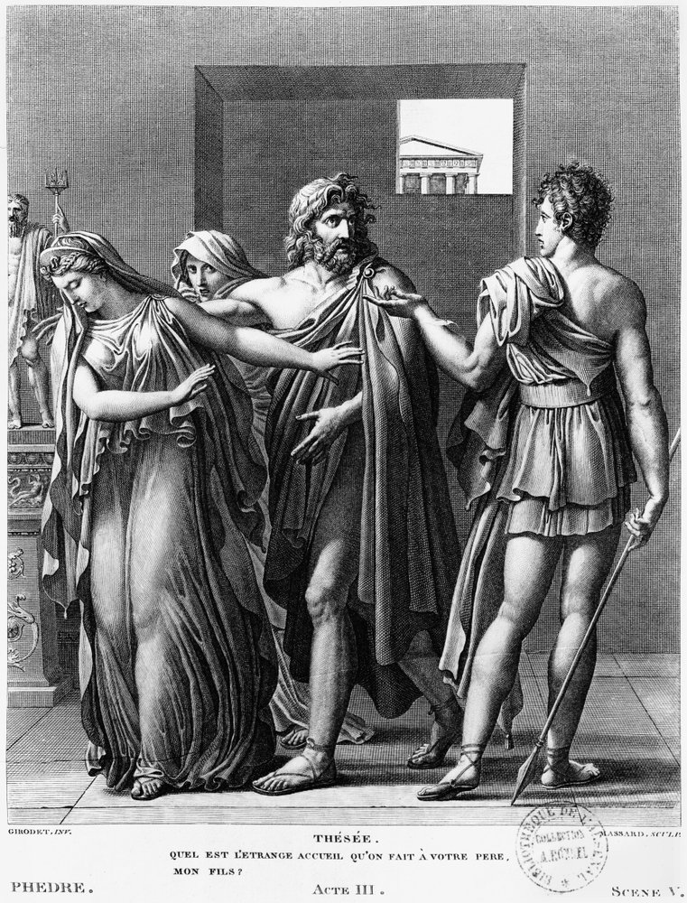 Phaedra, Teseu e Hipólito, ilustração do Ato III Cena 5 de &39;Phedre&39; de Jean Racine (1639-99) gravado por Raphael Urbain Massard (1775-1843) 1824 de Anne-Louis Girodet de Roucy-Trioson