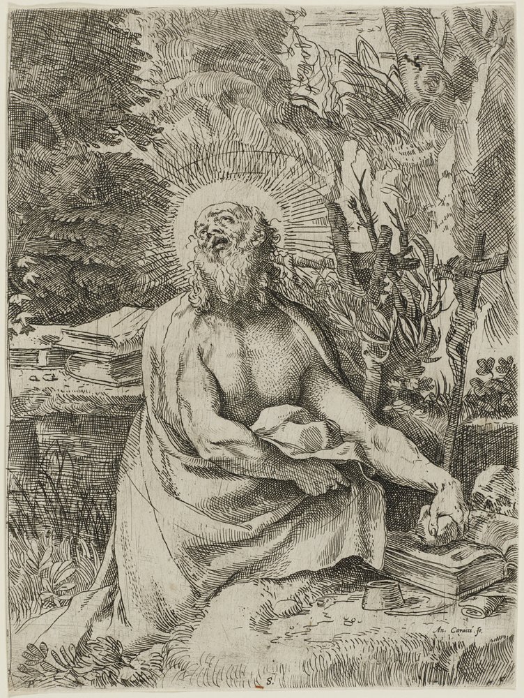 São Jerônimo no Deserto, c.1591 (gravura com gravura sobre papel avergoado, iiiiv) de Annibale Carracci