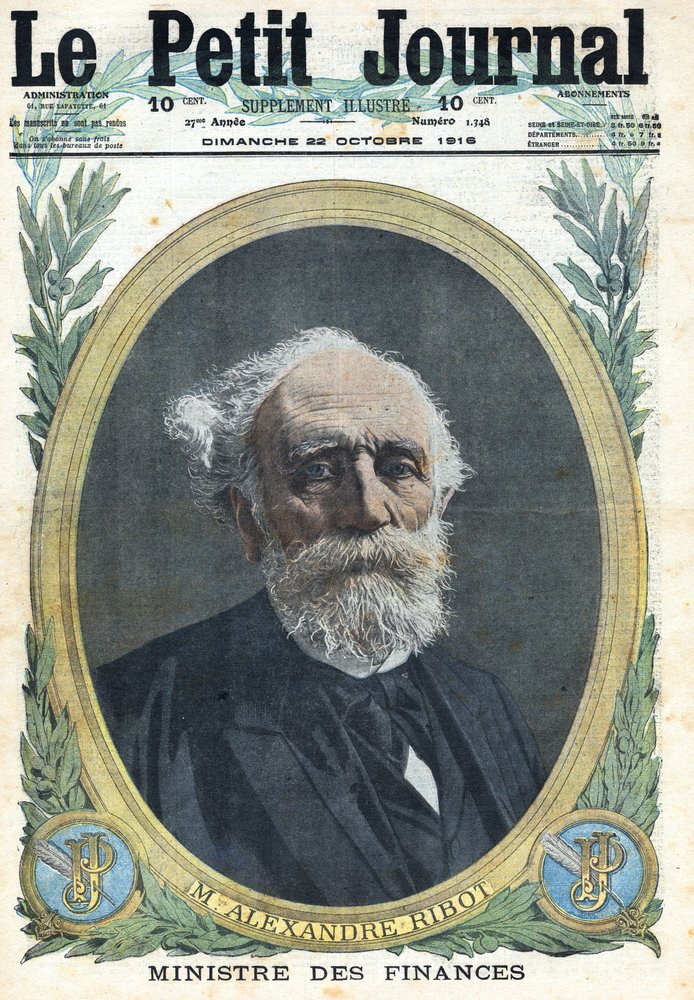 Primeira Guerra Mundial 1914-1918 (Guerra 14-18). Retrato do Ministro das Finanças francês Alexandre Ribot (1842-1923). No "Le Petite Journal", em 22/10/1916. Coleção Privada de Anonymous Anonymous