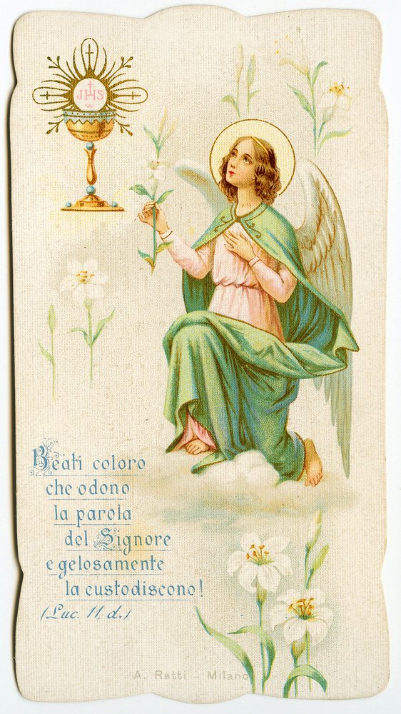 Imagem piedosa: Um anjo segurando um lilum (gravação) de Anonymous Anonymous