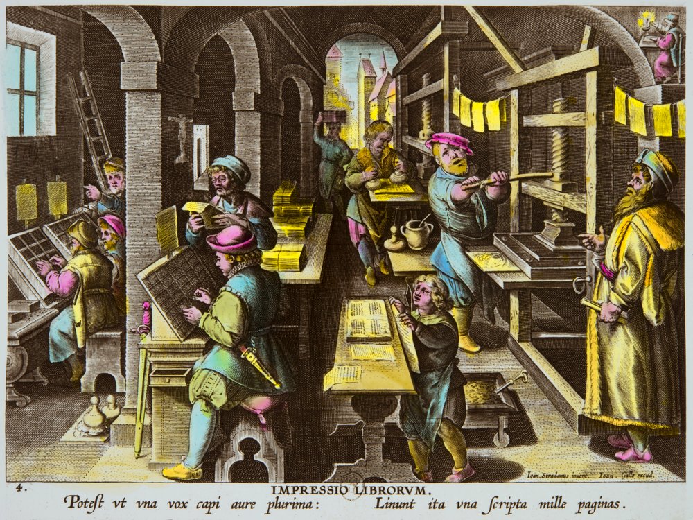 Impressoras e tipografia com prensa de braço por volta de 1600 por Jan Van Der Straet (Giovanni Stradano ou Johannes Stradanus) (1523-1605), Colecção Privee de Anonymous Anonymous