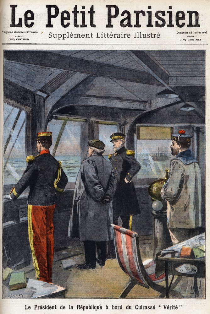O Presidente da República Armand Fallieres (1841-1931) a bordo da Cuirasse "Verite". Um dos jornais "Le petit parisien" em 26/07/1908. Coleção privada. de Anonymous Anonymous