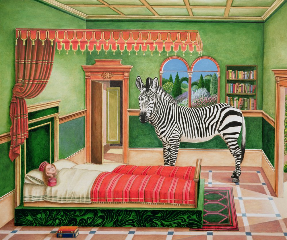Zebra em um quarto, 1996 (acrílico a bordo) de Anthony Southcombe