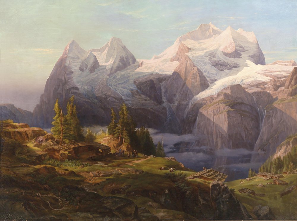 Vista do Oberland bernês com o Mönch, o Eiger e a Jungfrau, com figuras de composição em primeiro plano de Anton Hansch
