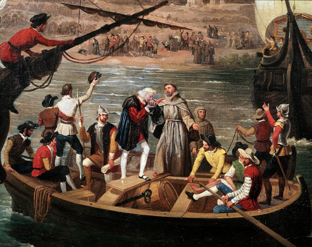 Partida de Santa Maria, Pinta e Nina de Palos em 1492 - Partida das três caravelas de Cristóvão Colombo (1451-1506) de Palos em 03/08/1492, detalhe. Pintura de Antonio Cabral y Bejarano (1798-1861). Palos de la Frontera. Rabida de Antonio Cabral Bejarano