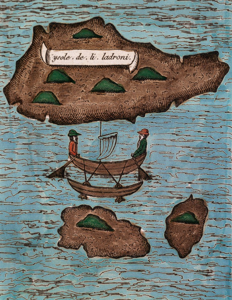 Islas de los Ladrones (hoje Ilhas Marianas), lenha colorida da Relazione del primo viaggio intorno al mondo con Ferdinando Magellano (Relatório da primeira viagem ao redor do mundo com Ferdinando Magellano) de Antonio Pigafetta