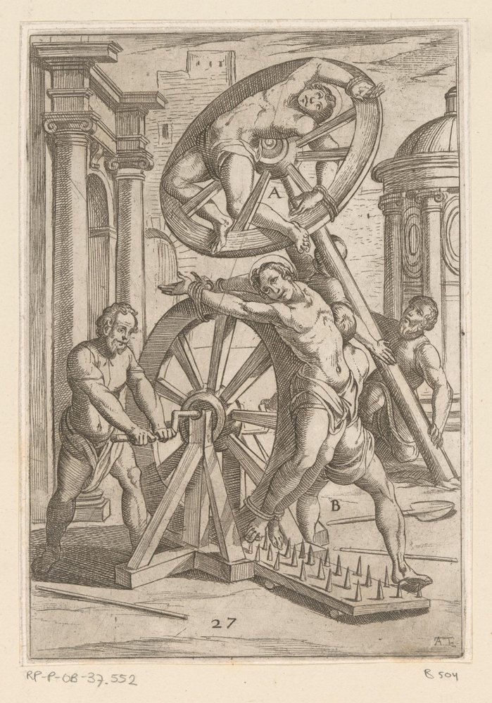 Tortura com pontas afiadas e rodas Torturas sofridas por mártires cristãos (título da série) Varia tormentorum et supplicioru rawlium (...) (título da série) de Antonio Tempesta
