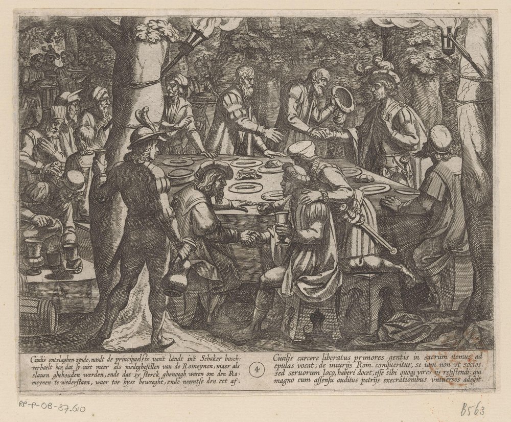 Julius Civilis diz aos idosos holandeses que são tratados como escravos pelos romanos As Guerras Batavas contra os Romanos (título da série) Batavorum cum Romanis Bellum (título da série) de Antonio Tempesta