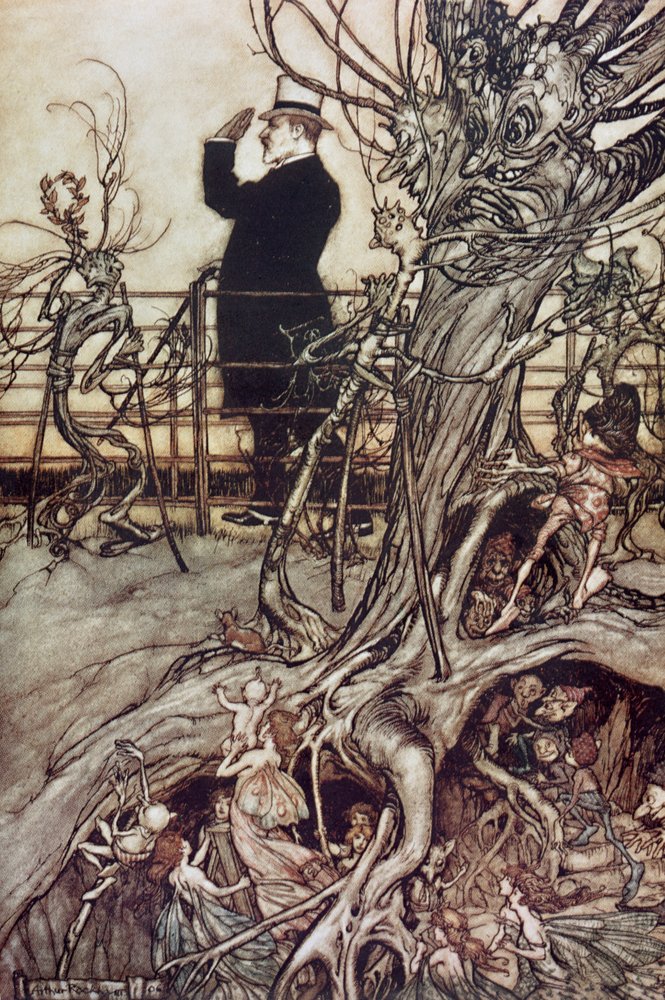 Os Jardins de Kensington ficam em Londres, onde vive o Rei, de Peter Pan in Kensington Gardens, de J. M. Barrie, 1906 de Arthur Rackham